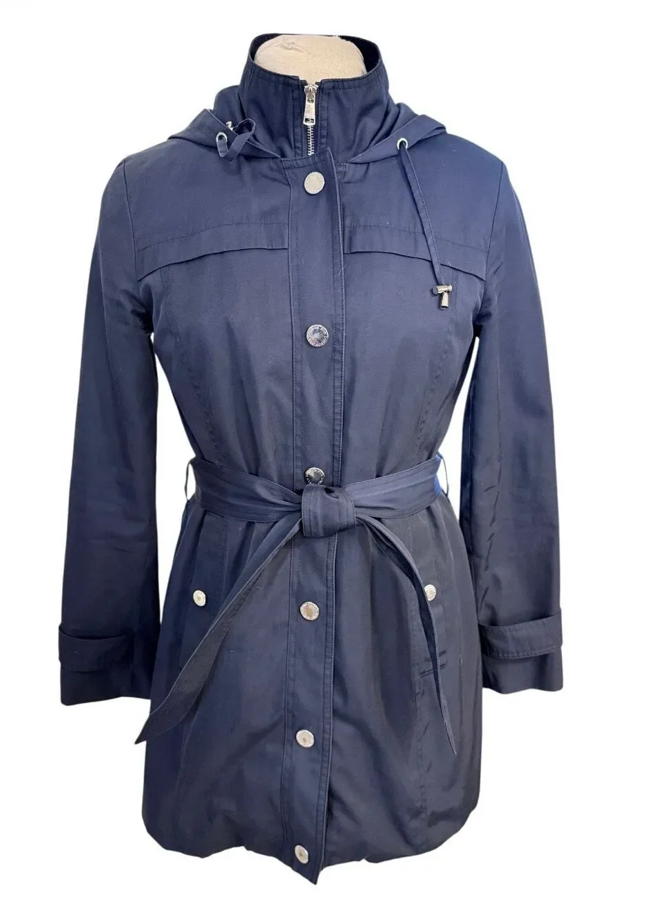 London Fog Hooded Belted Zip Front Raincoat Navy Blue Sz. Small Classic